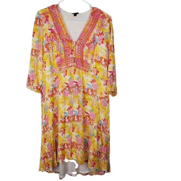 Torrid 14677924 PEACH FLORAL GAUZE HI-LO DRESS Shirred Embroidered Button V Neck - Picture 2 of 12